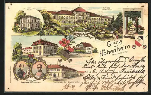 Lithographie Hohenheim /Württemberg, Gasthaus Hirsch in Birkach, Villa, Schloss, Wohnung der Studierenden