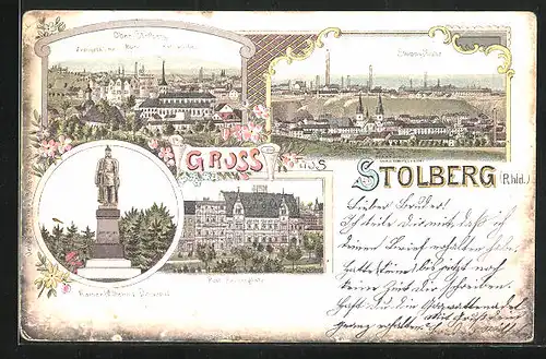 Lithographie Stolberg /Rhld., Post-Kaiserplatz, Partie in Ober-Stolberg und Mühle