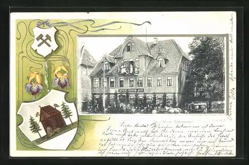 Passepartout-Lithographie Clausthal, Hotel Glück Auf, Wappen