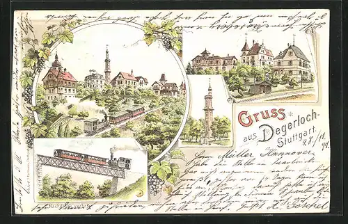 Lithographie Degerloch-Stuttgart, Gasthaus auf dem Gipfel, Bergbahn, Aussichtsturm