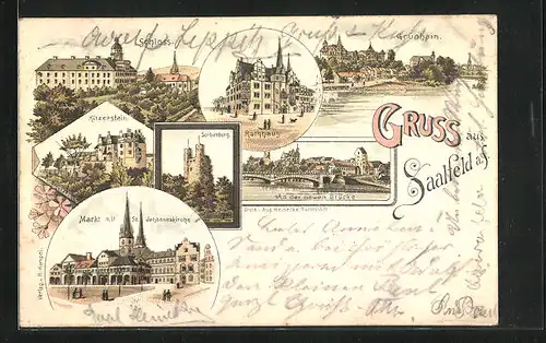 Lithographie Saalfeld a. S., Kitzerstein, Schloss, Sorbenburg, Markt mit St. Johanneskirche
