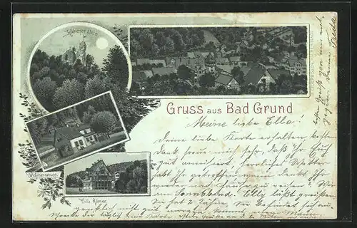 Mondschein-Lithographie Bad Grund, Hotel Villa Römer, Hübichenstein, Totalansicht, Wichmannsbucht