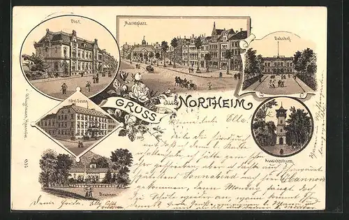 Lithographie Northeim, Hotel Sonne, Brunnen, Bahnhof, Aussichtsthurm, Post
