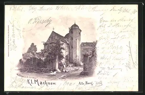 Lithographie Klein Machnow, Magd mit Gänsen vor der alten Burg