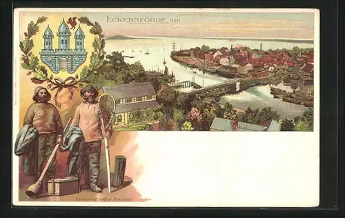 Lithographie Eckernförde, Totalansicht mit Hafen, Stadtwappen, Fischer