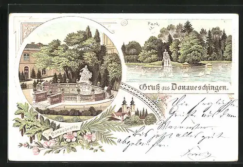 Lithographie Donaueschingen, Park, Donauquelle