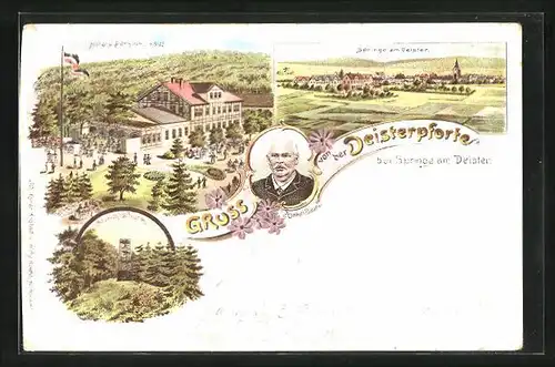 Lithographie Deisterpforte bei Springe, Hotel und Pensions-Haus, Aussichtsturm, Portrait Onkel Bauer