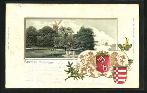 Passepartout-Lithographie Bremen, Wallanlagen, Windmühle, Stadtwappen