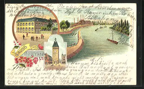 Lithographie Speyer, Rhein und Flosshafen, Präsidialgebäude, Altpforte
