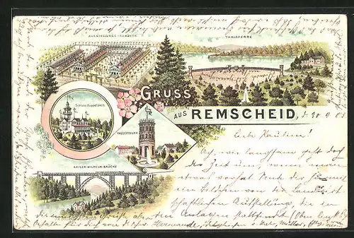 Lithographie Remscheid, Wasserthurm, Schloss Küppelstein, Ausstellungs-Gebäude, Kaiser-Wilhelm-Brücke