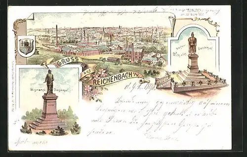 Lithographie Reichenbach i. V., Totalansicht, Kaiser Wilhelm Denkmal, Bismarck Denkmal