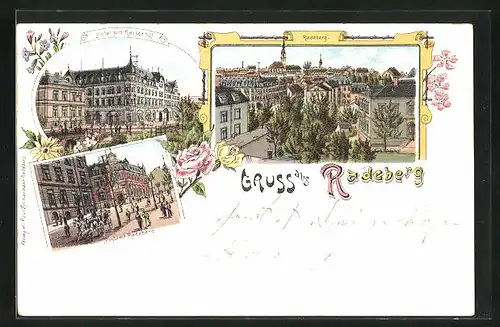 Lithographie Radeberg, Hotel zum Kaiserhof, Postamt, Teilansicht