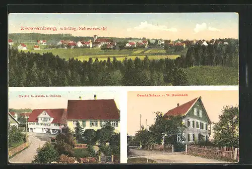 AK Zwerenberg /Württbg. Schwarzwald, Partie b. Gasthaus zum Ochsen, Geschäftshaus v. W. Hammann