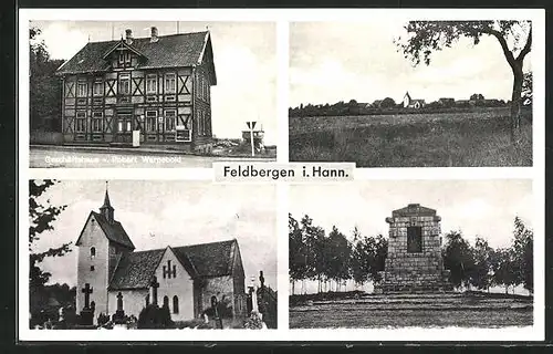 AK Feldbergen i. Hann., Geschäftshaus v. Robert Warnebold, Kirche, Denkmal