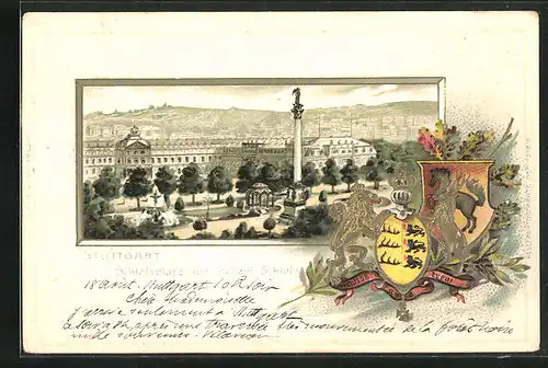Passepartout-Lithographie Stuttgart, Schlossplatz mit neuem Schloss, Wappen