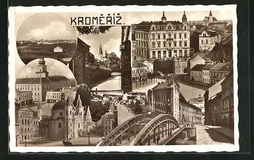 AK Kromeriz, Brücke, Kirche, Strassenpartie mit Geschäften