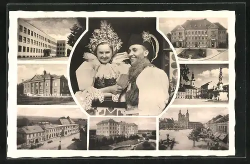 AK Ung. Hradisch, Gebäudeansicht, Denkmal, Paar in Tracht