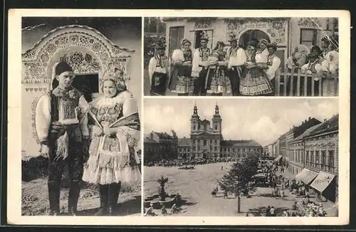 AK Uh Hradiste, Männer und Frauen in Trachten, Marktplatz aus der Vogelschau