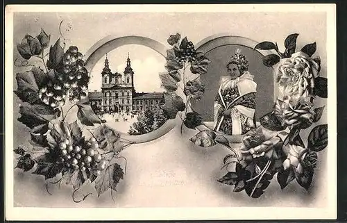 AK Uh. Hradiste, Imposantes Gebäude, Frau in edler Kleidung