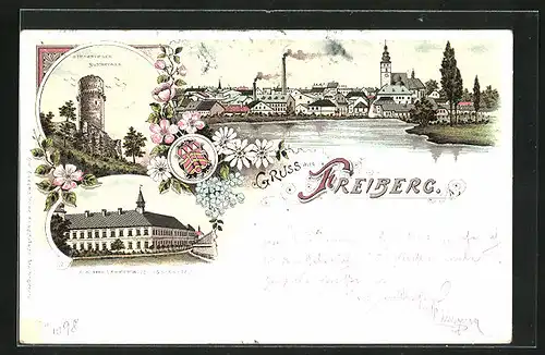 Lithographie Freiberg, Stramberger Butterfass, Lehrerbildungs-Anstalt, Panorama