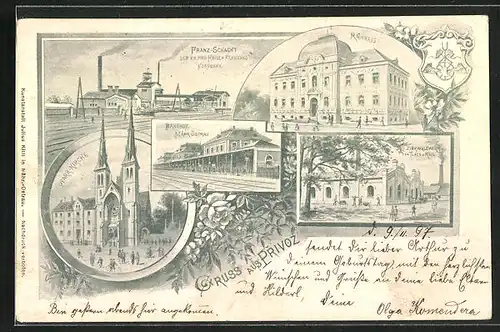 AK Privoz, Franz-Schacht, Rathaus, Bahnhof, Zinnwalzwerk v. Tlach u. Keil