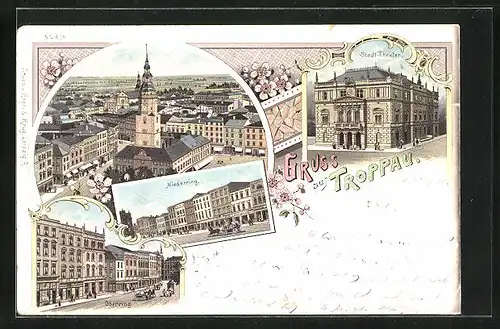 Lithographie Troppau, Stadt-Theater, Niederring, Oberring