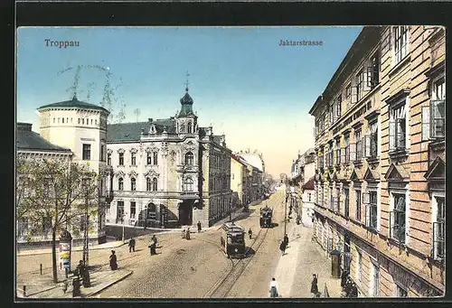 AK Troppau, Jaktarstrasse mit Strassenbahnen