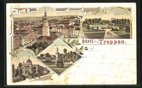 Lithographie Troppau, Museum, Josef`s Park, Kaiser Josef II.