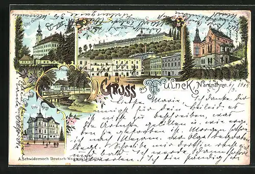 Lithographie Fulnek, Villa Moraw, Altes Schloss, Villa Kargl, Hauptplatz