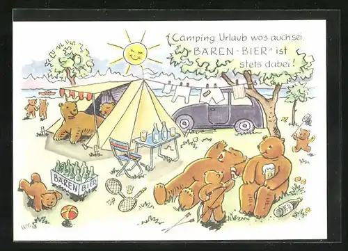 Künstler-AK Camping, Urlaub wo`s auch sei Bären-Bier ist stets dabei!, Brauerei-Werbung