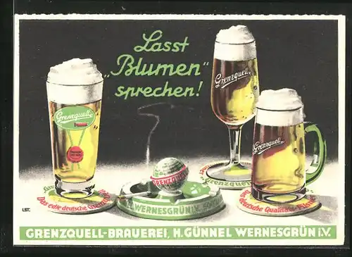 AK Wernesgrün i. V., Lasst Blumen sprechen!, Brauerei-Werbung Grenzquell