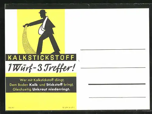 Künstler-AK Reklame, Kalkstickstoff, 1 Wurf - 3 Treffer!