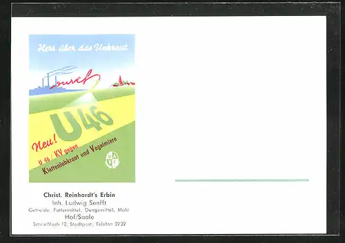 Künstler-AK Reklame, Herr über das Unkraut, U46 / KV gegen Klettenlabkraut und Vogelmiere