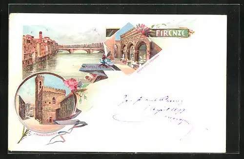 Lithographie Firenze, Ponte a S. Trinita, Loggia dell`Orgagna, Palazzo Pretorio