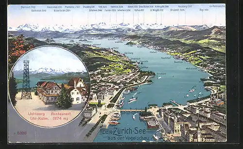 AK Zürich, Uetliberg-Restaurant, Der Zürich-See aus der Vogelschau, Landkarte der Umgebung