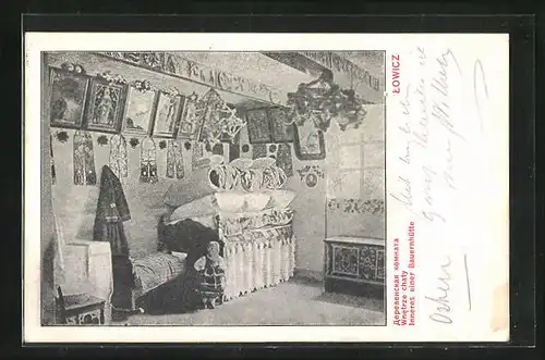 AK Lowicz, Innenansicht einer Bauernhütte