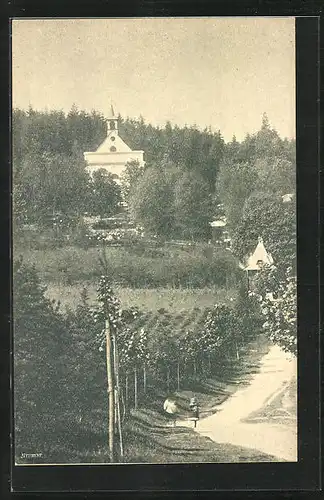 AK Ceska Trebova-Hory, Kinder auf Strasse im Ort, Blick auf Kapelle