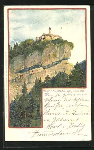 Lithographie Bregenz, Gebhardsberg mit Kirche auf Spitze