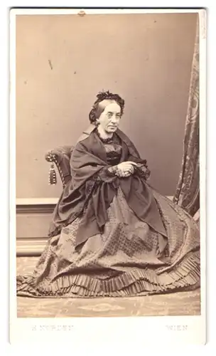 Fotografie H. Norden, Wieden, Fleischmanngasse 5, Portrait ältere Dame im Biedermeierkleid mit Haarschmuck