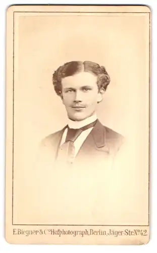 Fotografie E. Biegner & Co., Berlin, Jägerstr. 42, Portrait junger Mann im Anzug mit Krawatte und Mittelscheitel