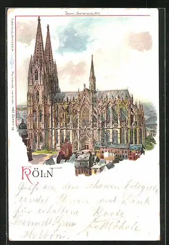 Lithographie Köln, Dom Seitenansicht