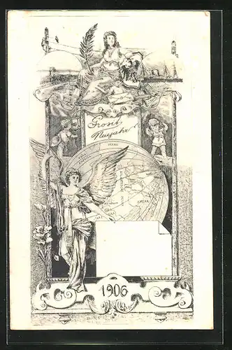 AK Engel vor Weltkugel, Neujahrsgruss, Postgeschichte