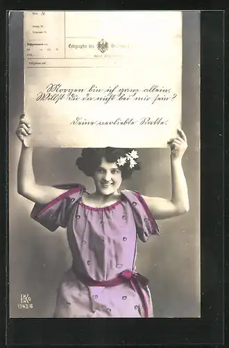 AK Fräulein hält Telegramm in den Händen, Postgeschichte