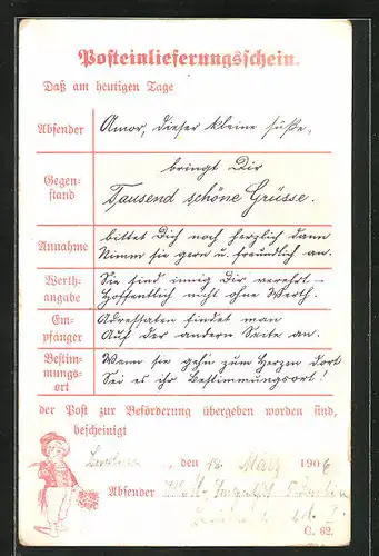 AK Posteinlieferungsschein, Absender, Gegenstand, Wertangabe, Postgeschichte