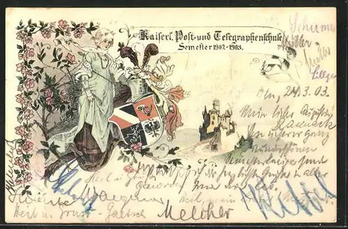 Künstler-AK Kaiserl. Post- und Telegraphenschule Semester 1902-1903, Burgfräulein, Wappen