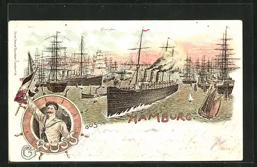 Lithographie Hamburg, Segel- und Dampfschiffe im Freihafen