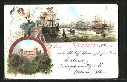 Lithographie Hamburg, Seewarte, Hafen, Schiffsjunge