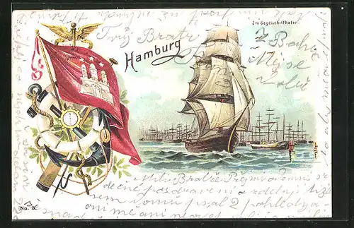 Lithographie Hamburg, Segelschiffe im Hafen, Stadtwappen