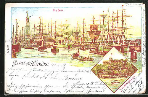 Lithographie Hamburg, Gasthaus Seemannshöhe, Hafen