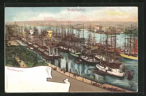 Lithographie Hamburg, Niederhafen voller Segelschiffe